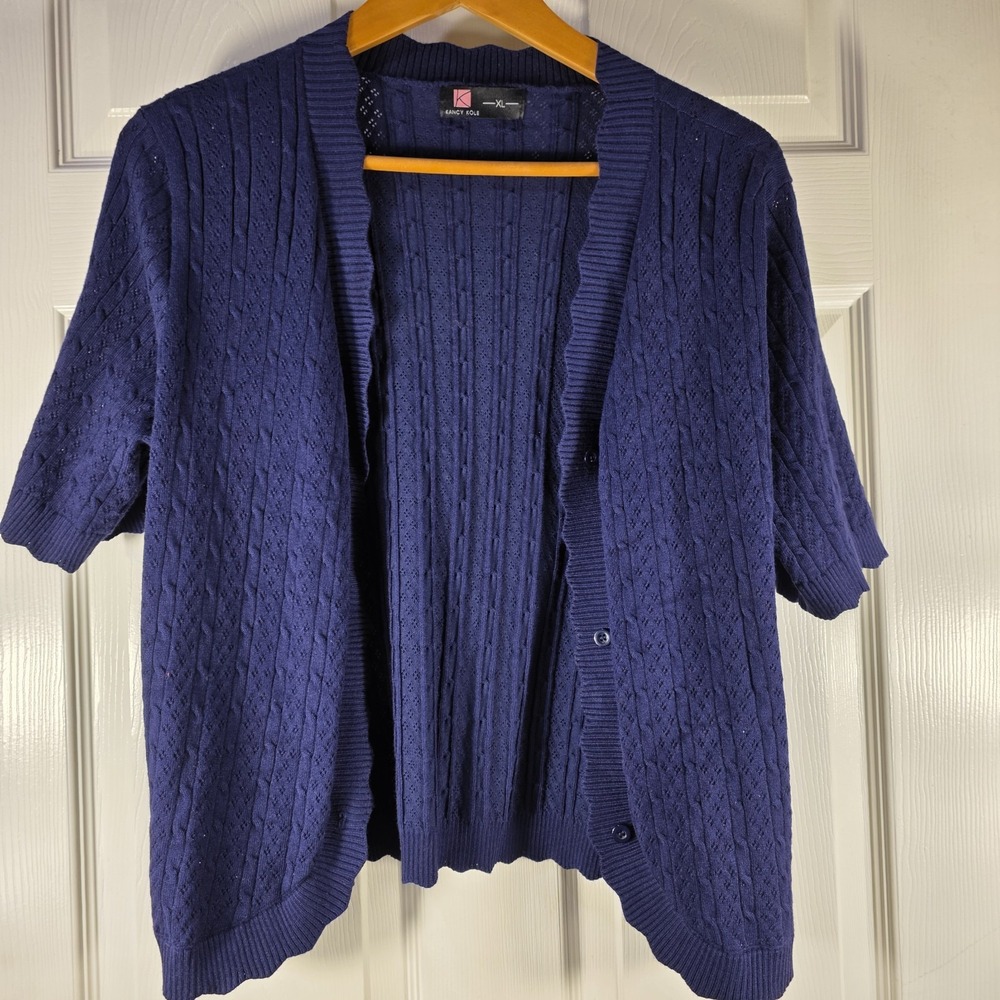 Kancy Kole XL Womens Blue Knit Button Open Front‎ Scalloped Edge Short Sleeve